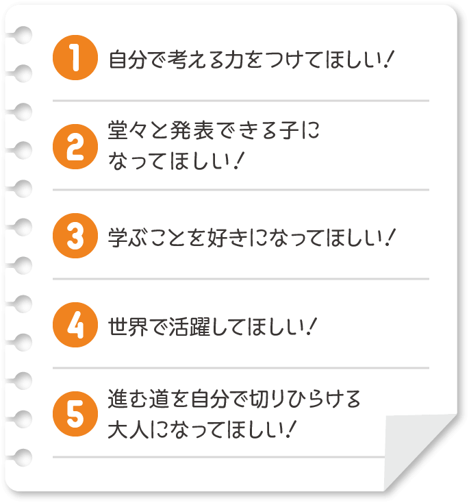 自分で考える力をつけてほしい！堂々と発表できる子になってほしい！学ぶことを好きになってほしい！世界で活躍してほしい！進む道を自分で切りひらける大人になってほしい！